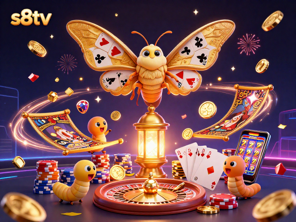 S8TV presents immersive sports betting with a dynamic, colorful casino scene featuring golden moth and vibrant gambling elements.