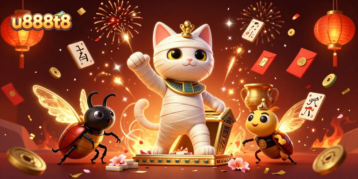 Experience thrilling gaming at u888t8 featuring vibrant casino scenes with an Egyptian mummy cat and magical artifacts.