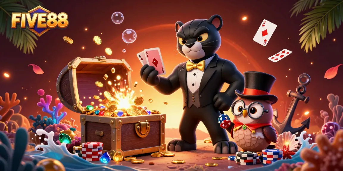 Experience the excitement of FIVE88 with our vibrant, animated casino scene featuring card games and lucky characters.