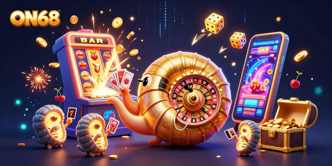 Experience exciting gaming at ON68 with a vibrant 3D illustration of casino fun and rewards