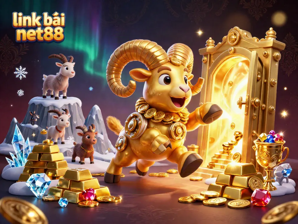 Win big with "link vào net88" in exciting 3D casino illustration featuring gold treasures and thrilling gaming.