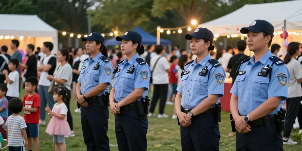 Security personnel ensuring safety at a community outdoor event, trusted local service.