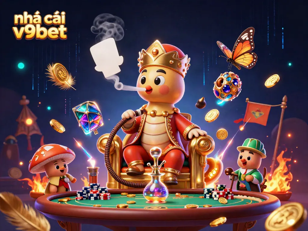Experience the vibrant world of nhà cái v9bet with a whimsical 3D caterpillar master in a casino setting.