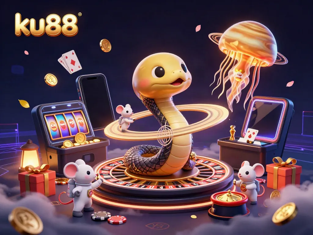 Engage in thrilling bets at ku88 with vibrant casino elements in a fantastical 3D scene.