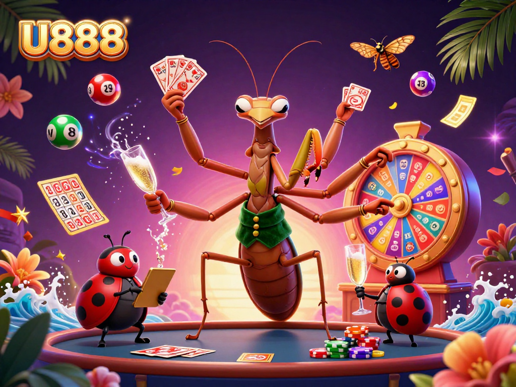 Experience thrilling gameplay with U888 as the giant card sharp and ladybug pit boss create a vibrant casino scene.