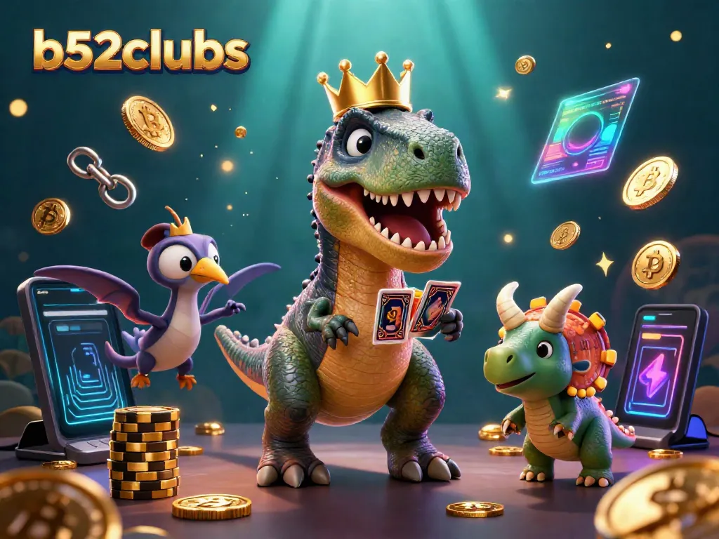 Win big with b52clubs at a colorful 3D Jurassic-themed casino, featuring dynamic characters and game elements.