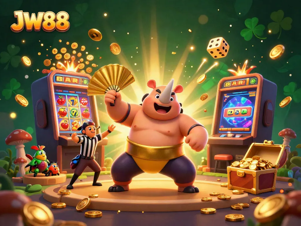 JW88's thrilling casino scene with a sumo beetle champion celebrating a jackpot and vibrant game elements.