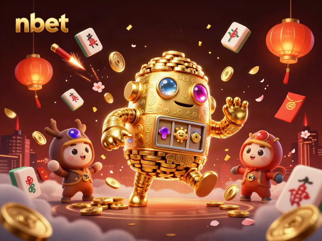 Experience the thrill of nbet with a 3D animated golem symbolizing luck and fortune in a vibrant casino atmosphere.