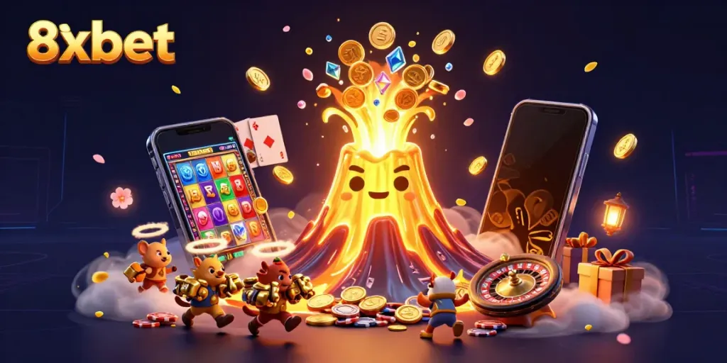 Experience the exhilarating world of gaming with 8xbet as a triumphant volcano erupts with treasures amidst vibrant casino elements.
