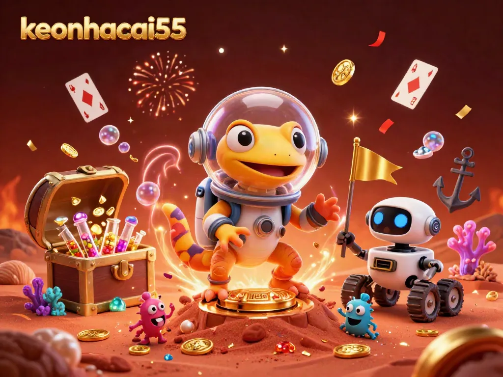 Join keonhacai55 to explore vibrant casino treasures with our Martian gecko and lucky robot sidekick!