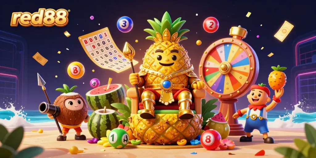 Join the excitement at red88 with a vibrant casino-themed illustration featuring dynamic game elements.