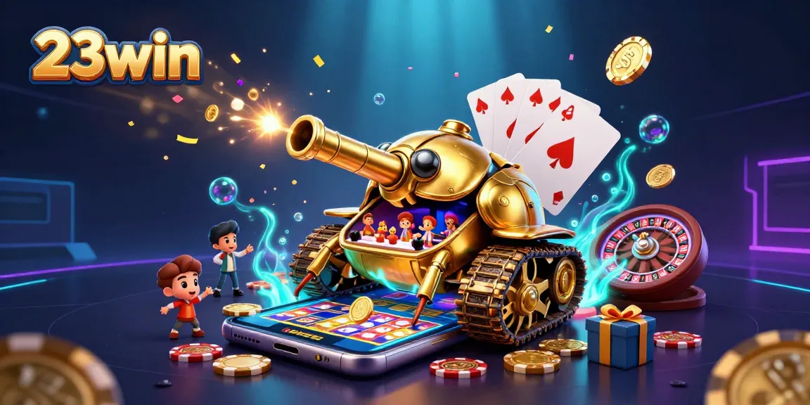 Engage with the 23win casino experience inside a vibrant 3D illustration of a golden beetle tank showcasing slot games and confetti.