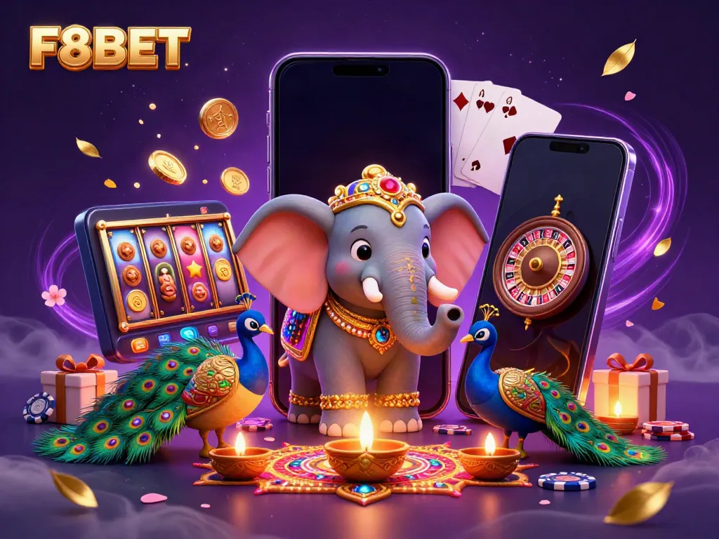Engage with F8BET's vibrant casino scene featuring a joyous Diwali elephant amidst dynamic gaming elements.