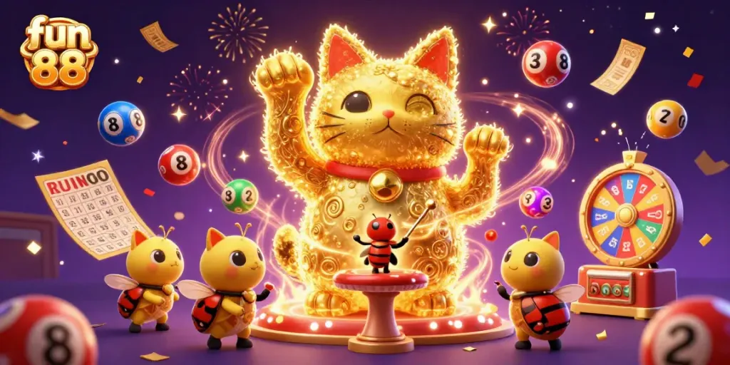 Engage in thrilling casino fun 88 with a vibrant scene of lucky symbols and lively gaming elements.