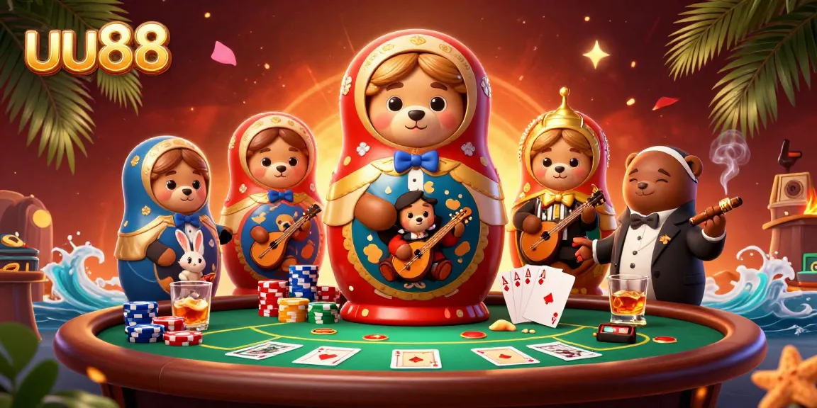 Engage in thrilling gameplay at uu88 with vibrant characters amidst a festive poker setting.