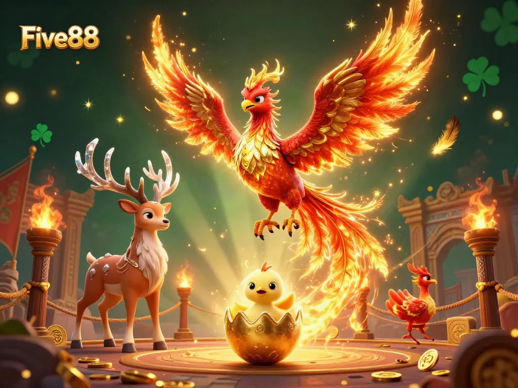 Engage in thrilling gaming adventures at Five88 with stunning visuals of phoenixes and casino elements.