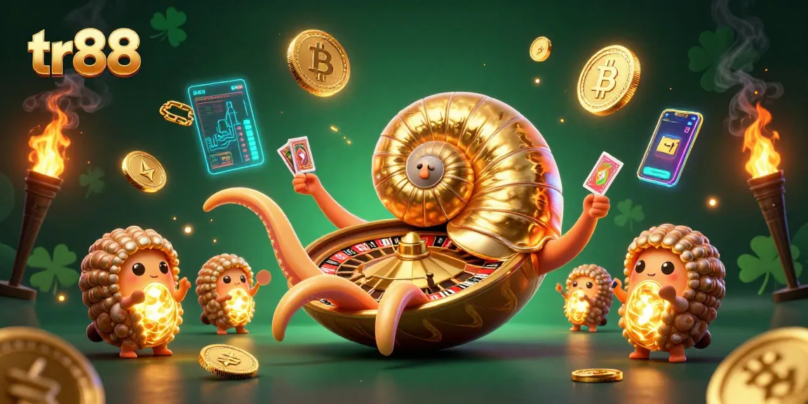 Spin the roulette wheel with the ancient nautilus, tr88, as vibrant coins and cards fly around.