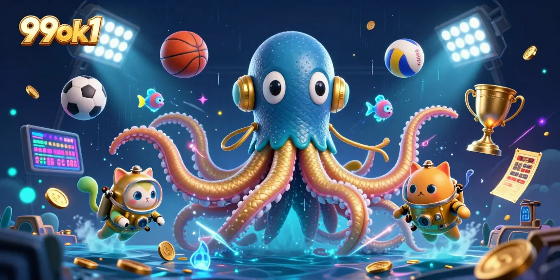 Experience the thrill of 99ok1 with a vibrant 3D scene featuring a kraken, diving cat, and sports elements.