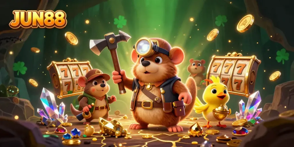 Join the lively treasure hunter mole and canary in the JUN88 slot game adventure amidst glowing gems and golden coins.