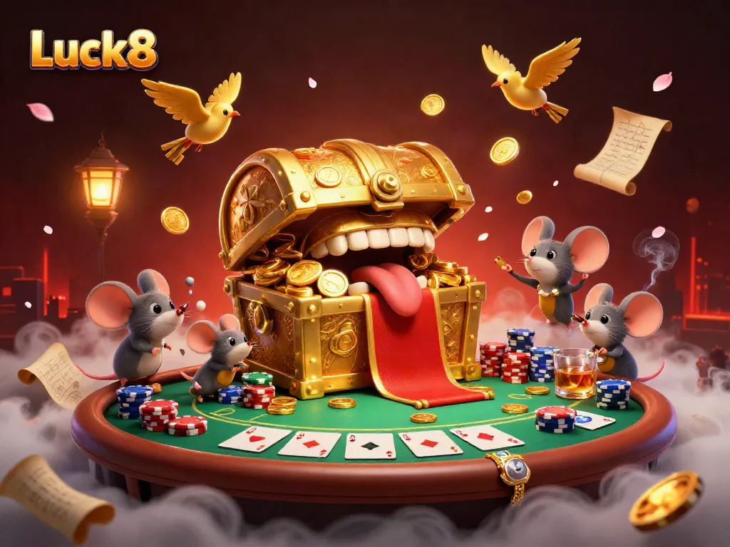 Engage with the exciting Luck8 gambling world featuring a golden treasure chest and poker elements.