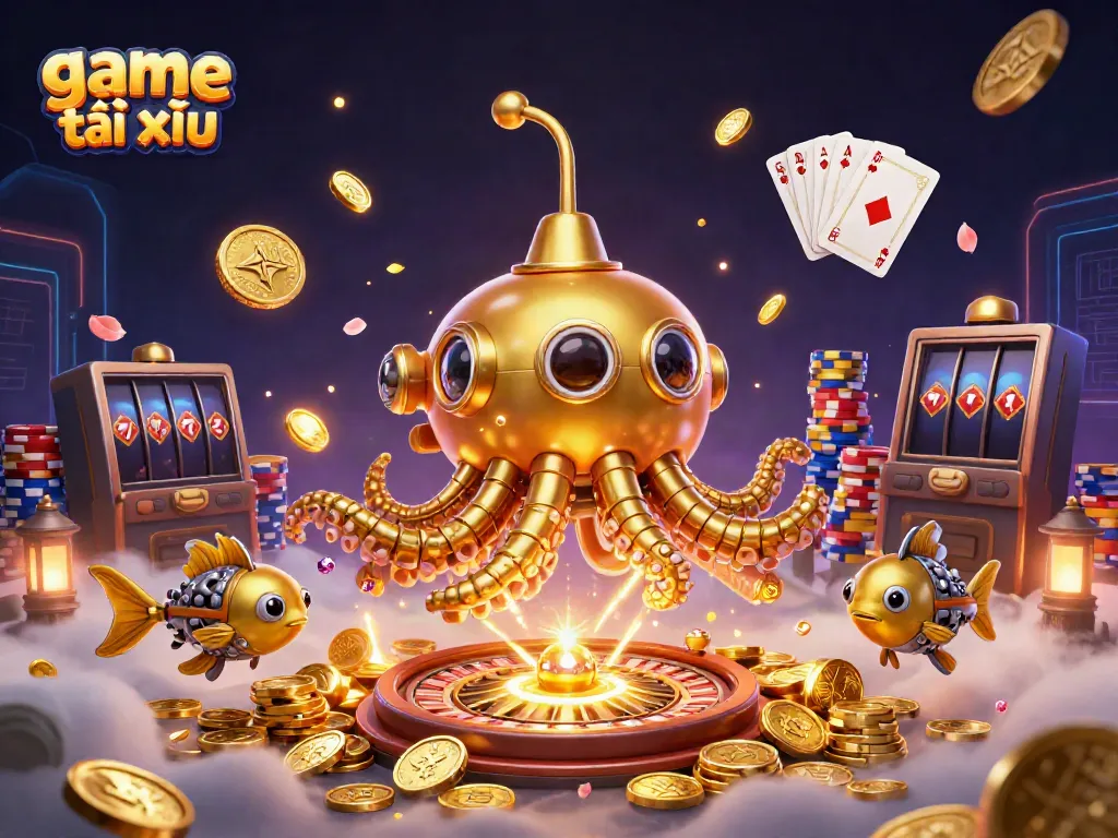 Exciting illustration of game tài xỉu with a golden kraken submarine and treasures amidst dynamic casino elements.