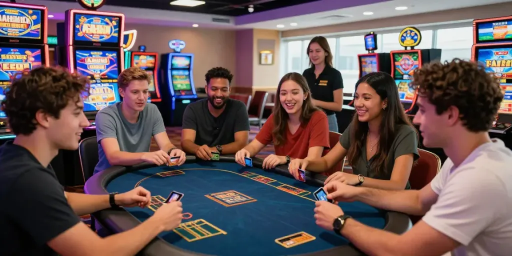 Players enjoying games at credit card casinos in a vibrant casino environment, highlighting excitement and social interaction.
