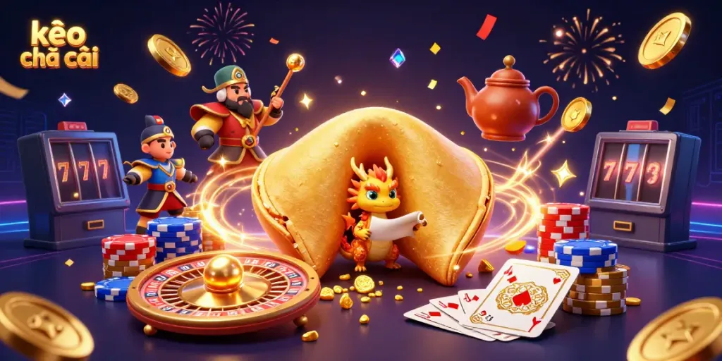 Experience the vibrant action of kèo nhà cái through a dynamic 3D casino scene with characters and golden elements.