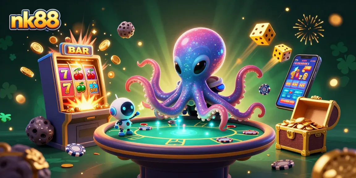 nk88 alien octopus operates a holographic poker table amidst vibrant casino elements