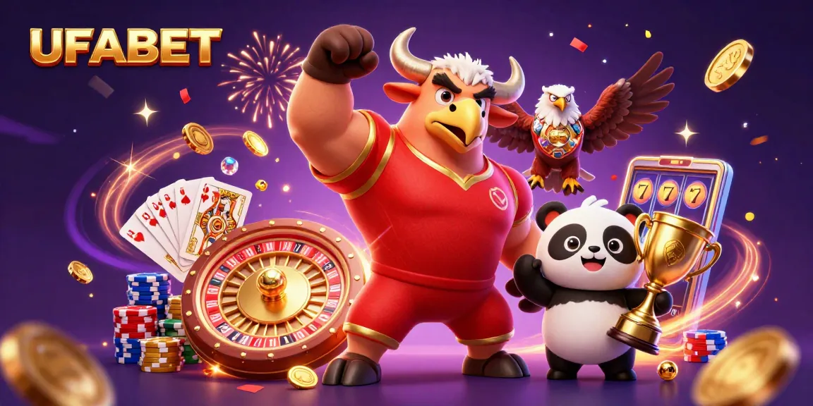 UFABET players celebrating wins with a bull mascot, eagle, and panda amidst sparkling casino elements.