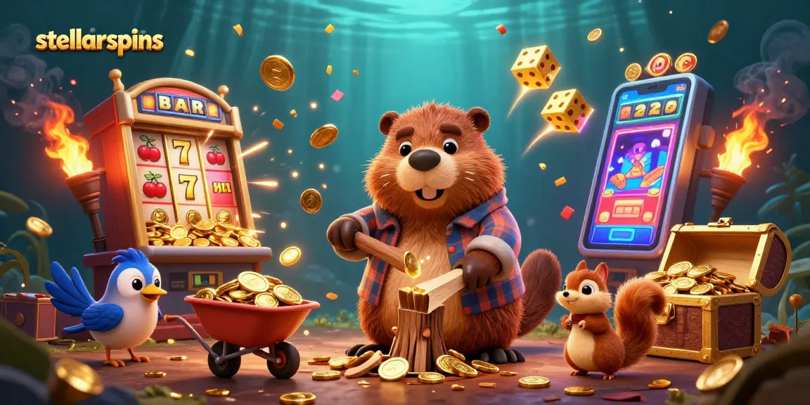 Spin to win with stellarspins as the beaver piles up golden coins and jackpots in a vibrant casino scene.