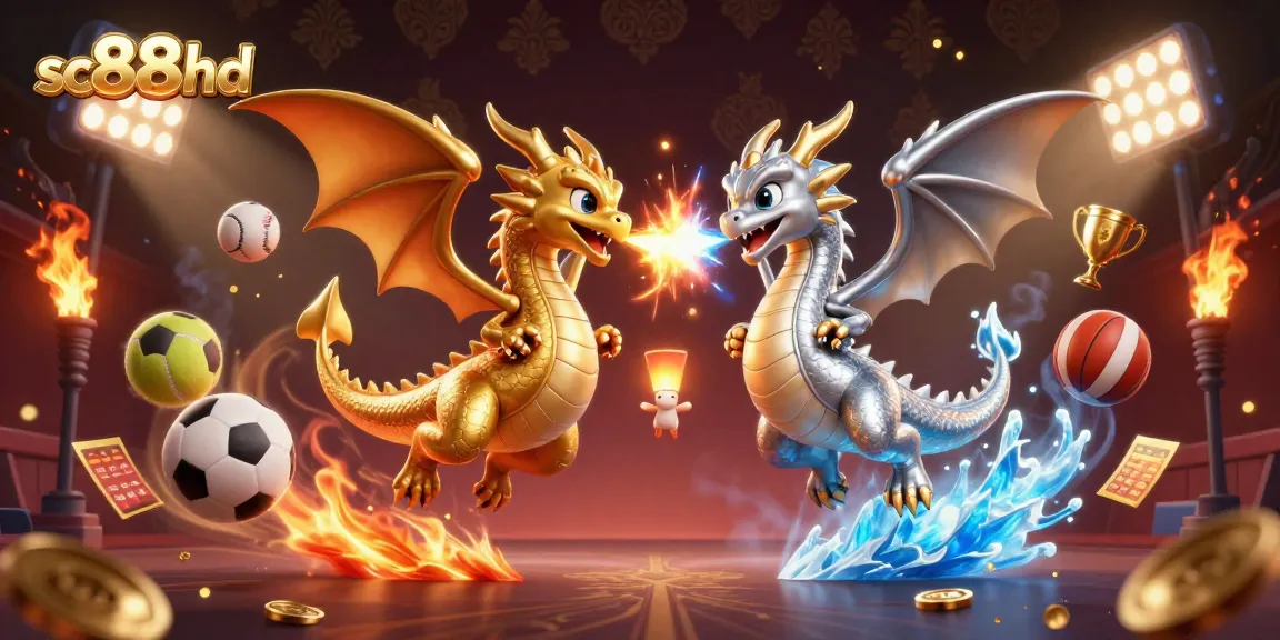 Experience thrilling action with sc88hd's dynamic casino illustration featuring dragons and sports elements.