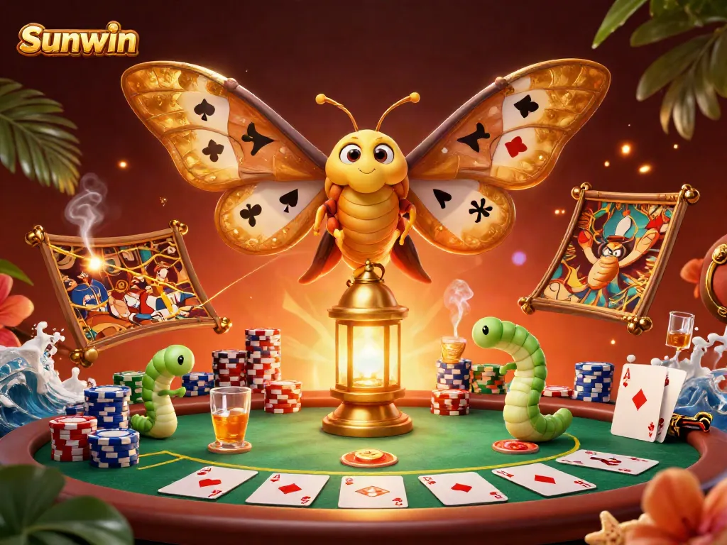 Experience the thrill of Sunwin with oversized poker elements and vibrant motifs in a 3D casino scene.