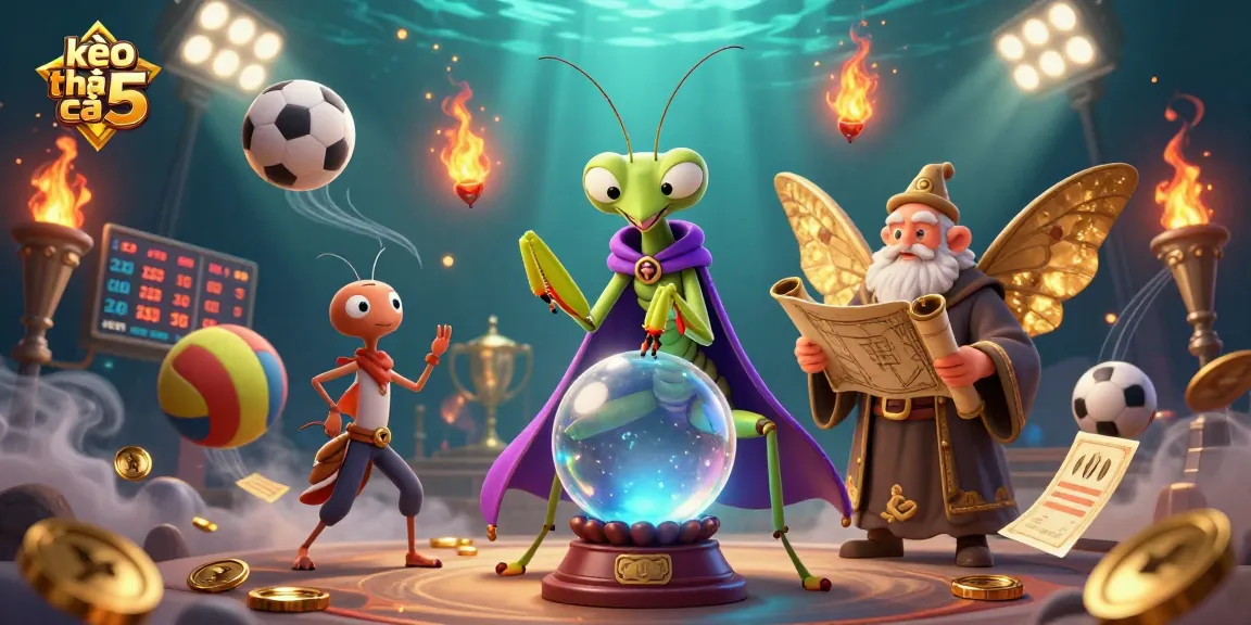 Kèo nhà cái 5 offers dynamic sports betting visuals featuring fortune tellers and lively sports elements.