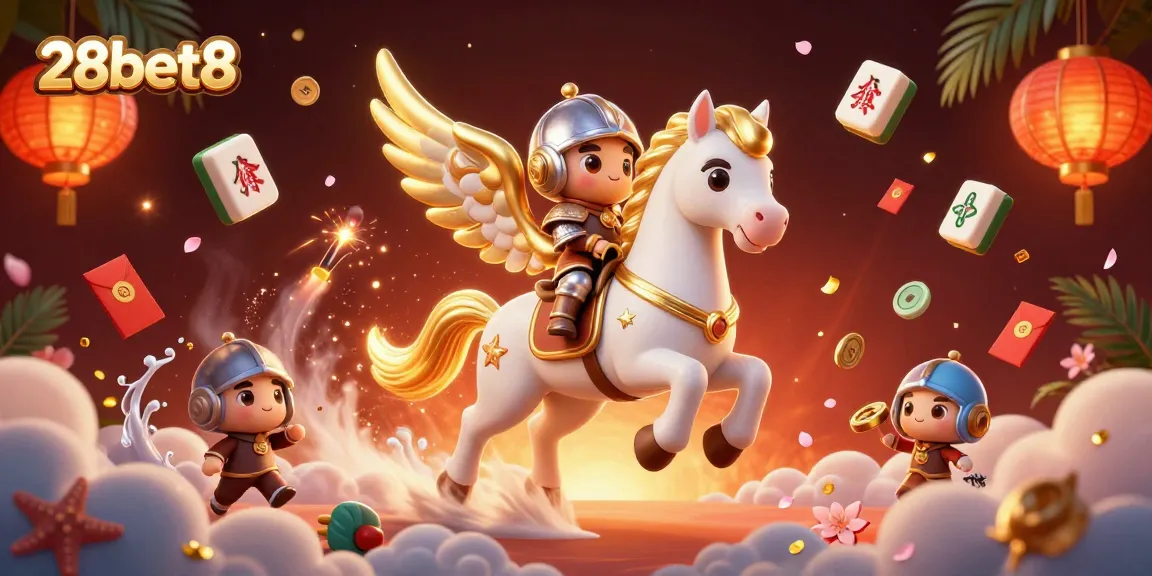 Experience thrilling moments at 28bet8 with the celestial horse and lucky symbols in a vibrant casino scene.