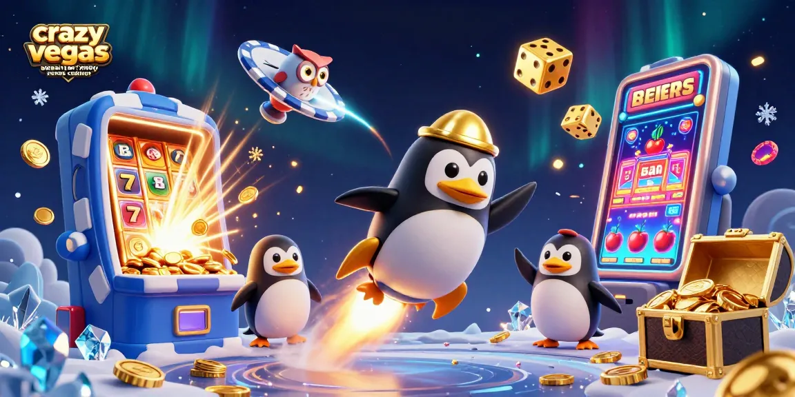 A thrilling scene capturing a rocket-powered penguin exploring crazyvegas aussie real money casinos depicted with vibrant details and action.
