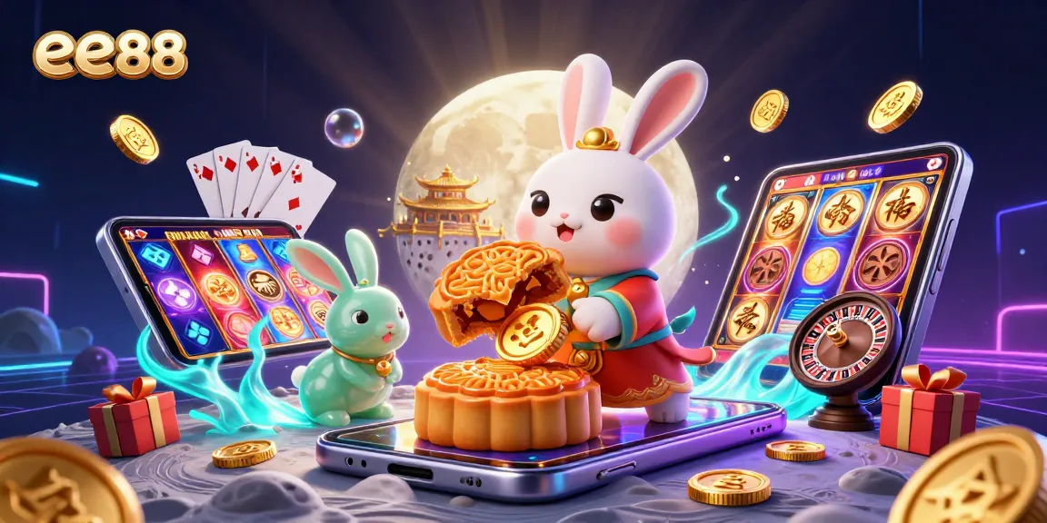 Engage with ee88's vibrant casino scene featuring a moon rabbit, poker chips, and slot games.