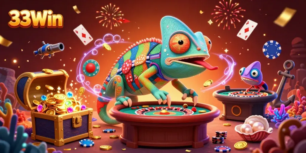 Engage with 33Win's colorful casino adventure featuring a chameleon owner amidst sparkling treasures and games.