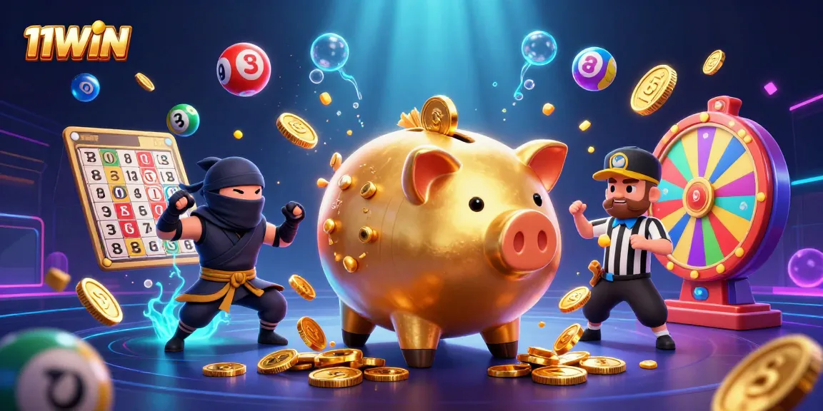 Engage with 11WIN's animated scene showcasing the golden piggy bank in action amidst vibrant jackpot elements.