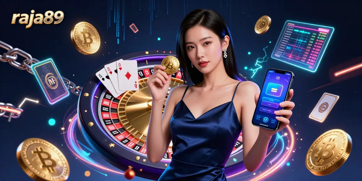 Engage with raja89's advanced game top-ups featuring virtual gold chips and vibrant casino elements.