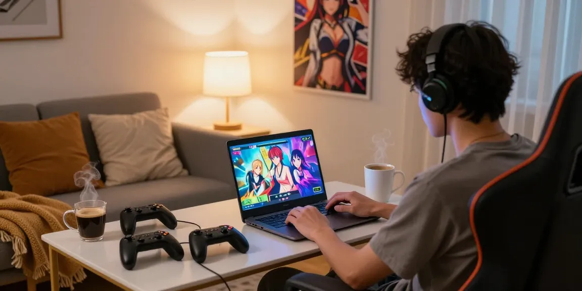 Intense gamer engaged in a hentai game, cozy environment with colorful visuals.