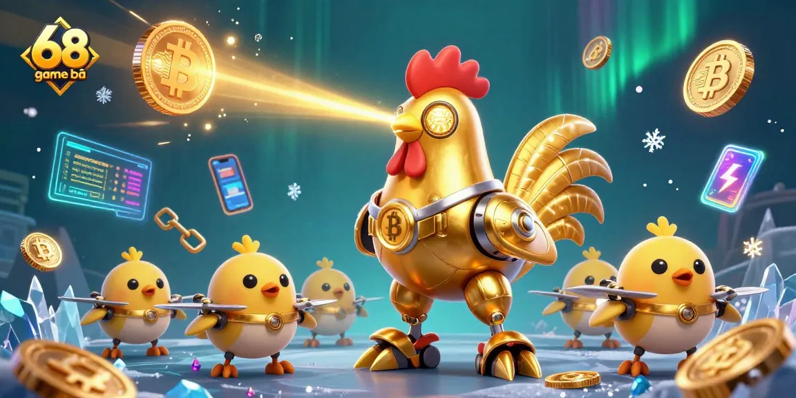 Engage with the dynamic 68 game bài universe featuring a golden rooster robot amidst crypto-themed excitement and gaming symbols.