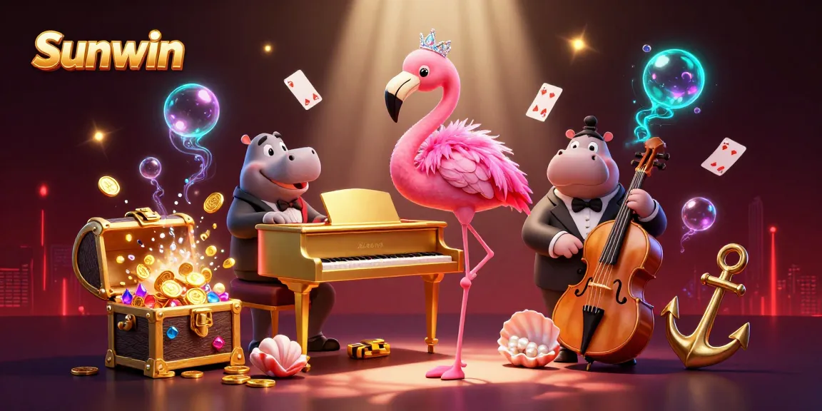 Win big with Sunwin in a vibrant casino scene featuring lively characters and game elements.