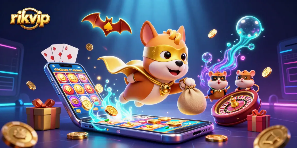 rikvip offers thrilling bets as a superhero dog soars through a vibrant casino scene filled with games.