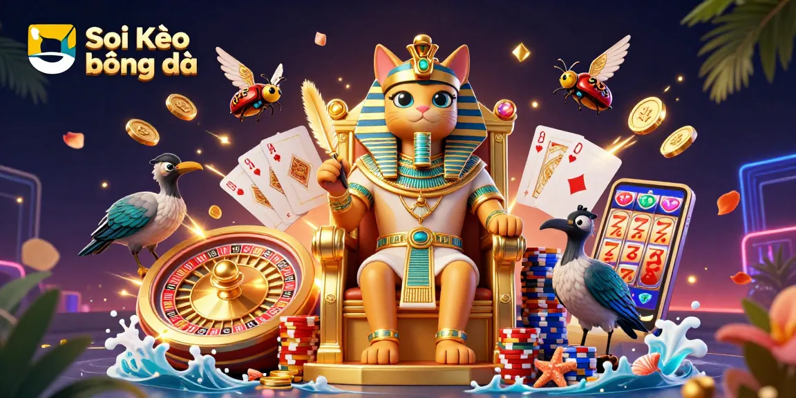 Soi Kèo bóng đá captures a vibrant scene of 3D gaming elements and characters in a dynamic casino atmosphere.