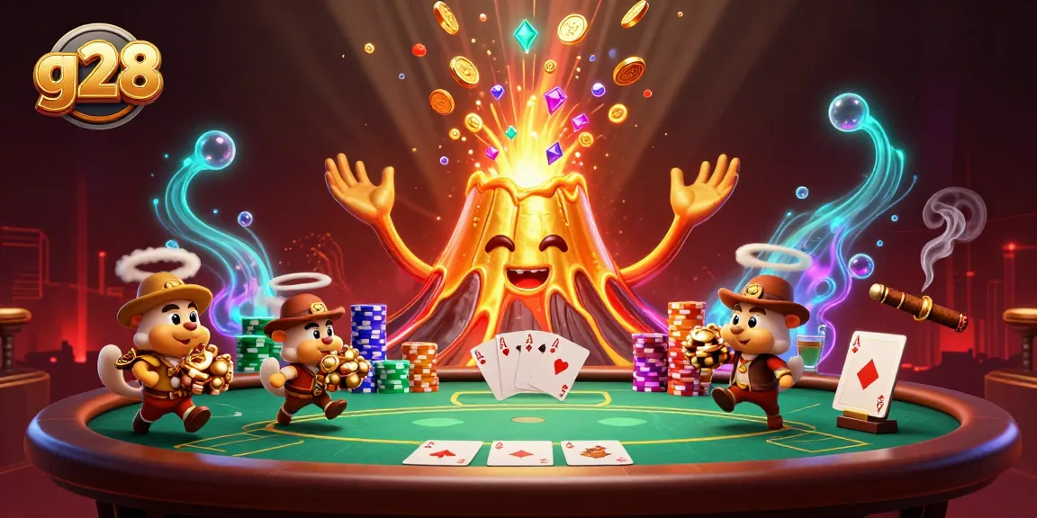 g28 showcases a thrilling casino scene with a golden volcano erupting coins amidst poker elements.