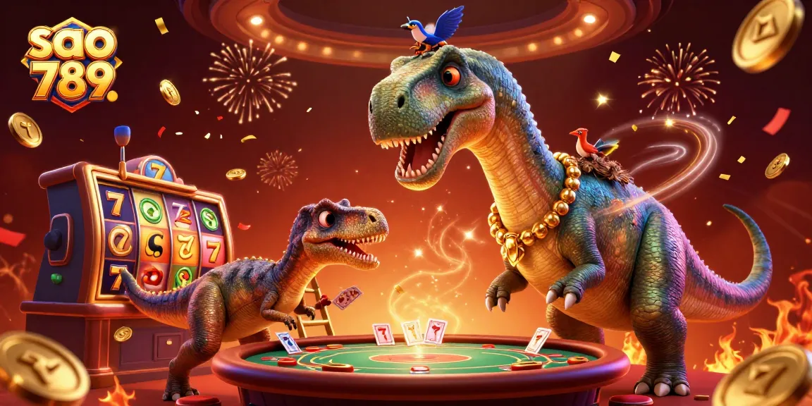 Sao 789 offers vibrant 3D illustration of a brontosaurus in a casino, symbolizing luck and fun.