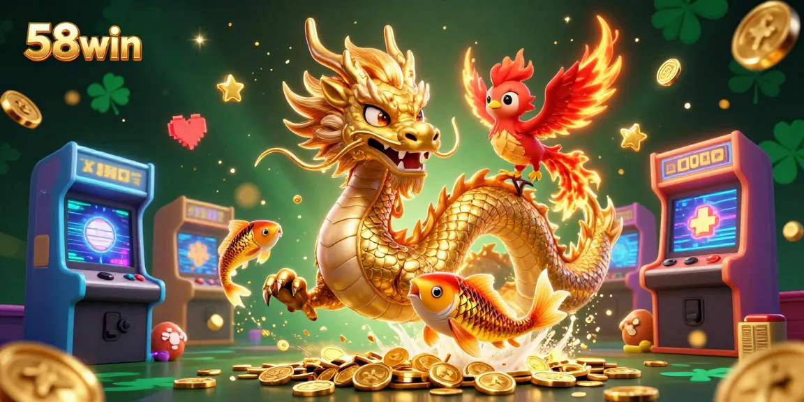 Engage with 58win's vibrant casino experience featuring a dragon, phoenix, and koi fish surrounded by gaming elements.