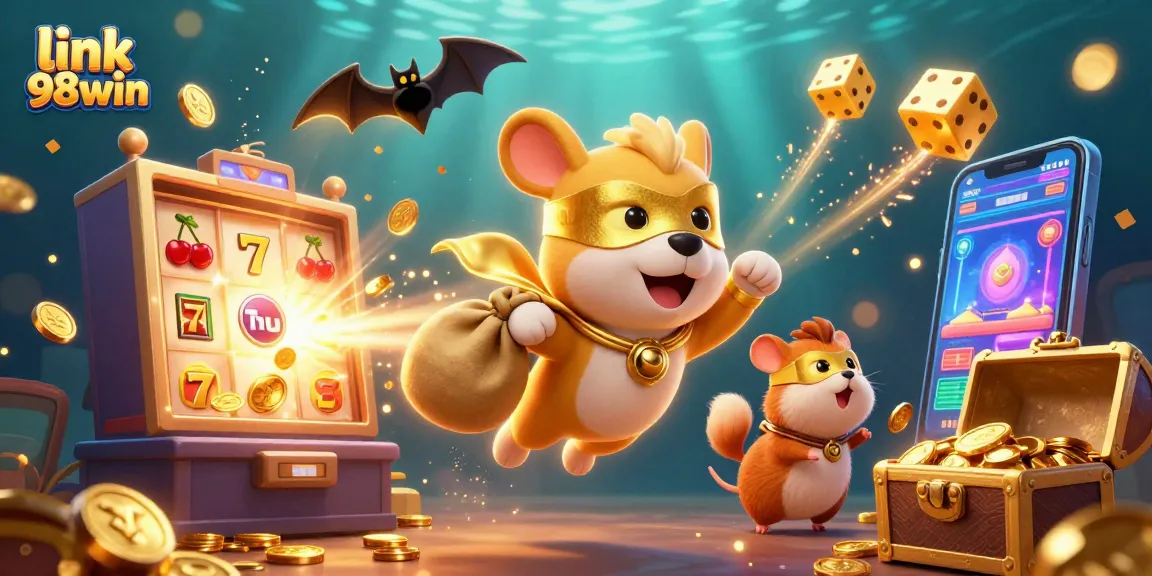 Experience the excitement of gambling with the link 98win showcasing a superhero dog in a vibrant casino scene.