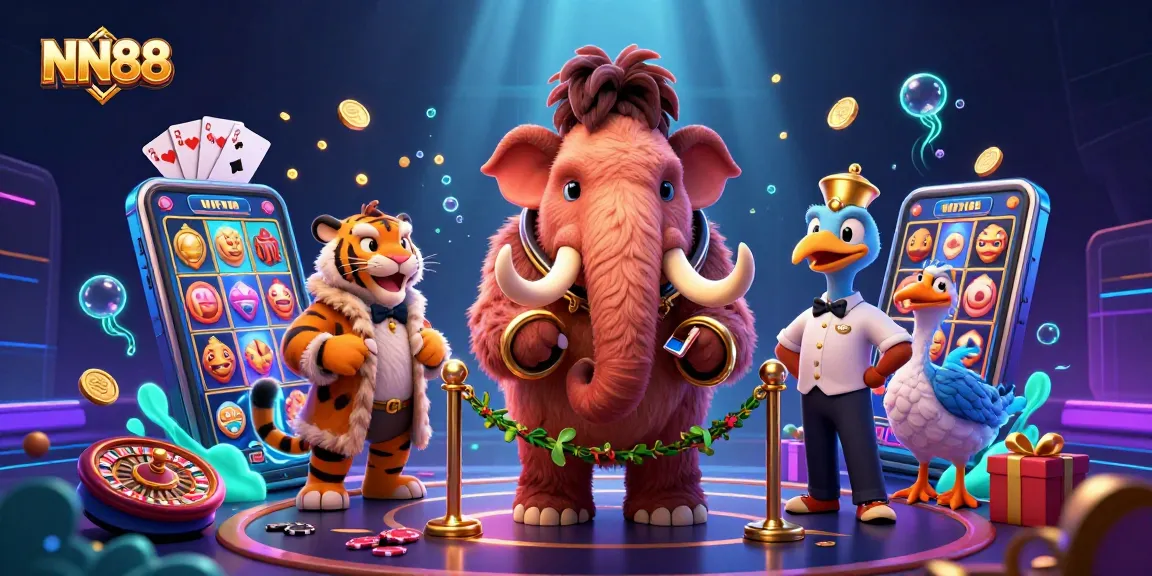 Experience thrilling action at NN88 with a vibrant casino scene featuring cartoon mascots and exciting game elements.