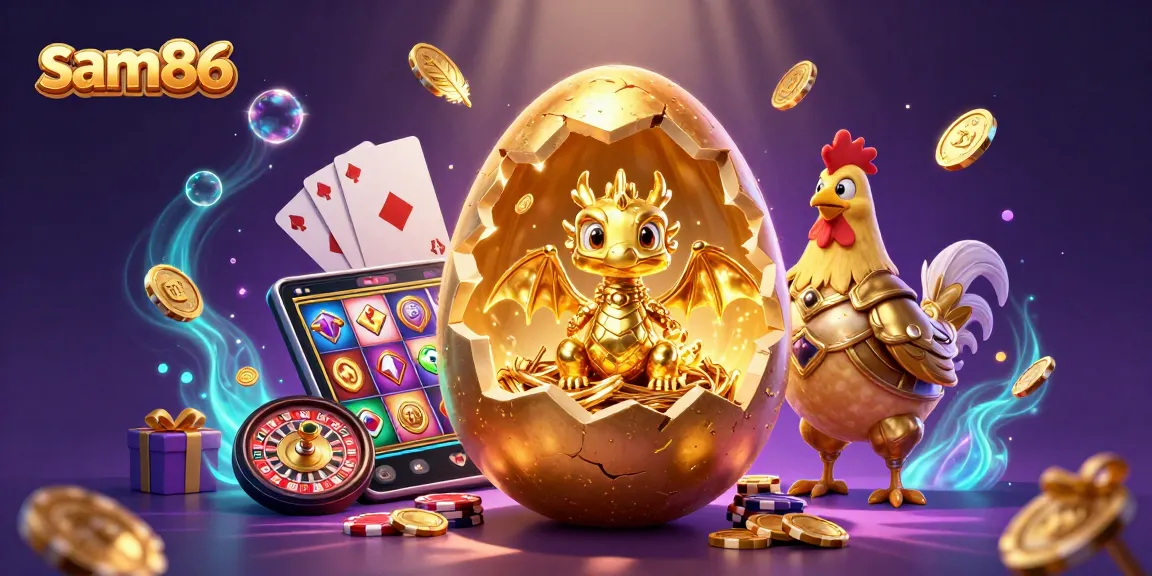 Experience the thrill of sam86 with a baby dragon, golden eggs, and vibrant casino elements.